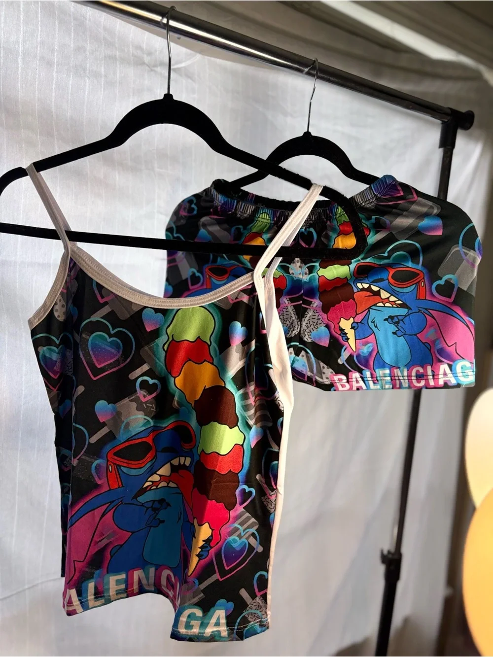 Balenciaga Black Multicolor Cartoon Print Tank & Shorts Set
